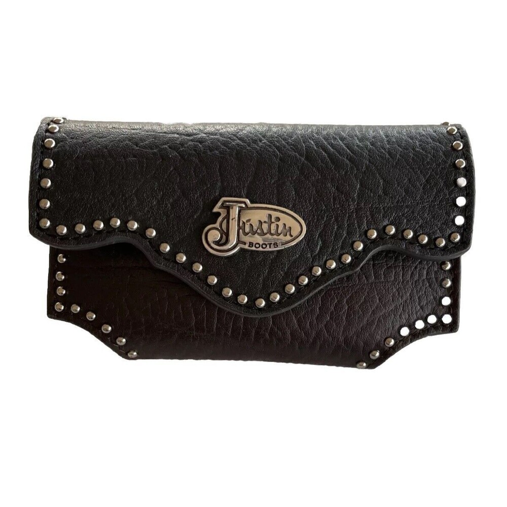 Justin Boots Genuine Leather Cell Phone Case Black / Brown Silver like Studs